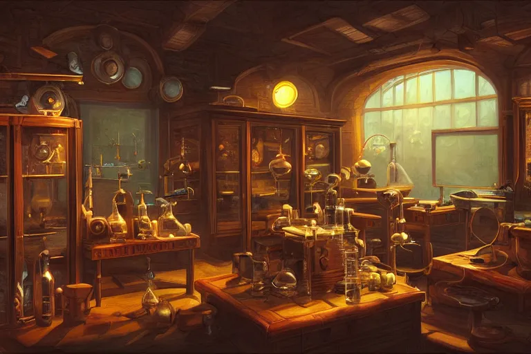 Prompt: an overstuffed fantasy laboratory interior with small windows and display cases with strange artifacts in the late evening with dusty atmosphere, digital painting 3D by Greg Hildebrandt