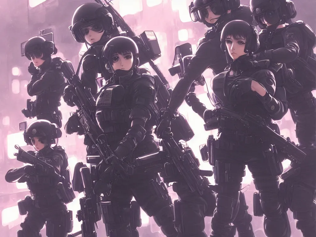 Image similar to anime key visual of a team of multiple female swat officer ready to attack, neon, cyberpunk, futuristic, stunning, highly detailed, digital painting, smooth, soft focus, illustration, movie poster, japanese typography, digital art from artstation by artgerm and greg rutkowski and alphonse mucha