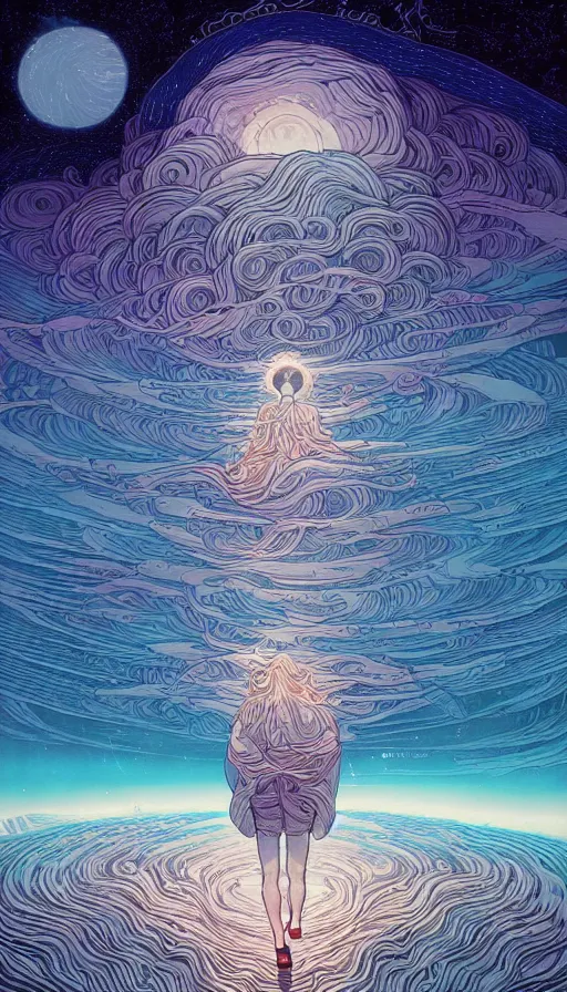 Image similar to the ancient oracle of the luminous dream spirits on cosmic cloudscape, futurism, dan mumford, victo ngai, da vinci, josan gonzalez