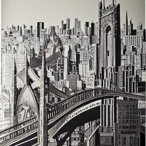 Image similar to by robert stivers, by faith ringgold curvaceous. a beautiful print of a cityscape with tall spires & delicate bridges.