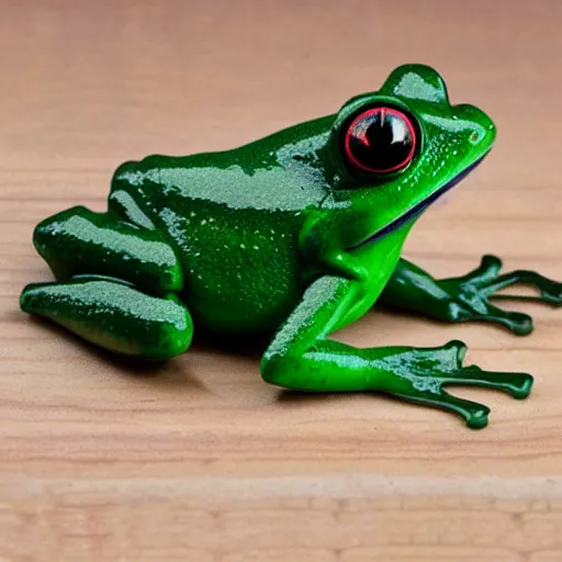 Prompt: Cute green frog with red eyes in magical rain-forest carved from crystal ,hyper-realistic