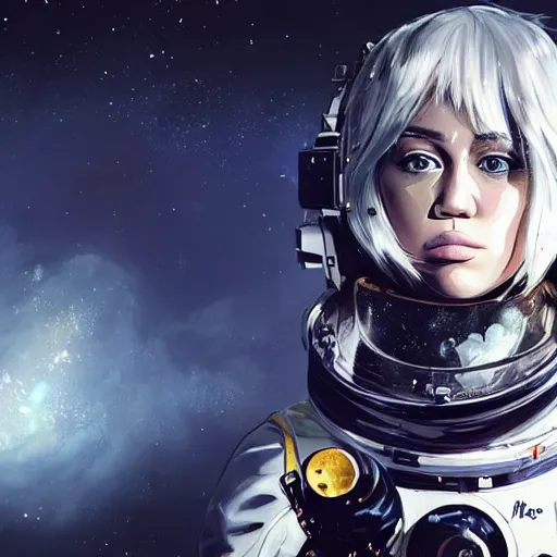 Prompt: highly detailed portrait of a miley cyrus astronaut with a wavy hair, by Dustin Nguyen, Akihiko Yoshida, Greg Tocchini, Greg Rutkowski, Cliff Chiang, 4k resolution, nier:automata inspired, bravely default inspired, vibrant but dreary gold, silver, opal, black and white color scheme!!! ((Space nebula background))