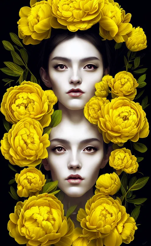 Image similar to beautiful yellow woman, symmetrical portrait, realistic, full body, black peonies, white snakes wrapped around the sky, rich details, by wlop