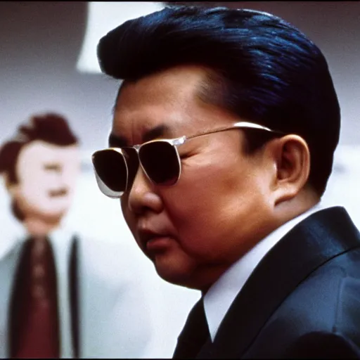 Prompt: Kim Jong-il as James Bond, 35mm, cinémascope, thriller