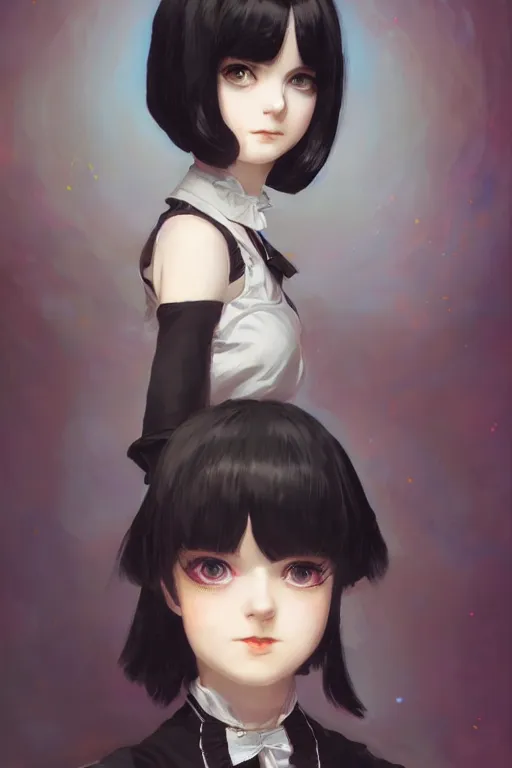 Prompt: a cute young Victorian maid with black bob cut hair, steampunk setting, vivid colors, soft lighting, atmospheric, cinematic, moody, in the style of Ilya Kuvshinov and Range Murata, Krenz Cushart, oil on canvas, 8k