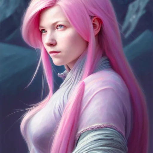 Image similar to pink haired mage medium portrait, female, glacier landscape, norway, d & d, fantasy, intricate, elegant, highly detailed, digital painting, pink and teal color palette, artstation, octane render, concept art, matte, sharp focus, illustration, herrarthstone, art by artgerm and greg rutkowski and alphonse mucha