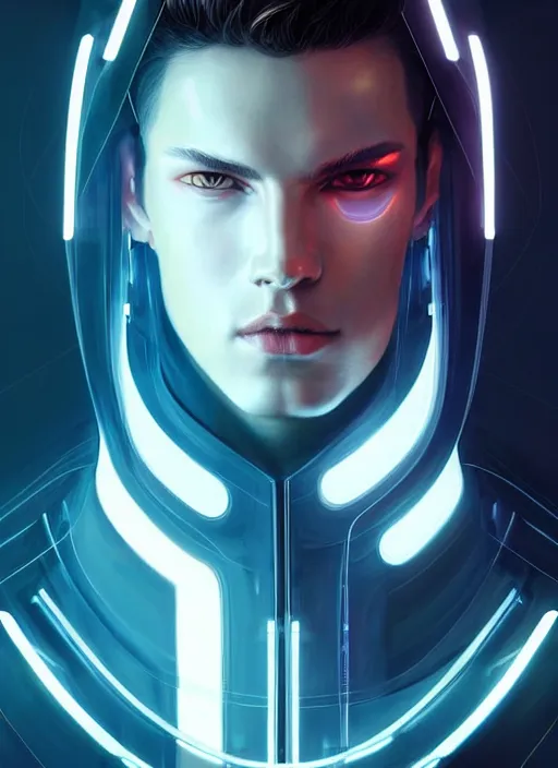Prompt: portrait of modern male humanoid, intricate, very futuristic, elegant, cyber neon lights, highly detailed, digital photography, trending in artstation, trending in pinterest, glamor pose, concept art, smooth, sharp focus, art by artgerm and greg rutkowski