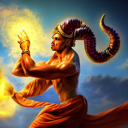 Prompt: all powerful genie, a god, god, ecstatic, infinite power, manic, perfect eyes, full body shot, magical being, magic, portrait, noble, transformation, vivid colors, elegant, concept art, sharp focus, digital art, Hyper-realistic, 4K, Unreal Engine, Highly Detailed, HD, Dramatic Lighting by Brom, trending on Artstation