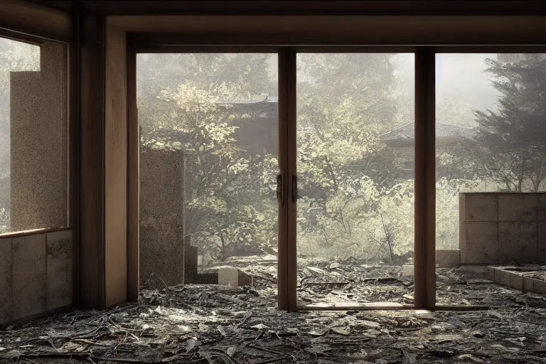 Image similar to ruined, abandoned japanese temple, seen from inside. Diffused light falls through the broken windows. Dirt, leaves on ground. Unreal Engine. Substance painter. Zbrush. Trending on artstation. 8K. Highly detailed.