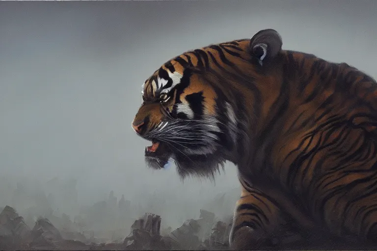 Prompt: A dark, brooding oil painting of a snarling tiger, establishing shot, high-quality, professional, dramatic lighting, extremely high detail, trending on artstation