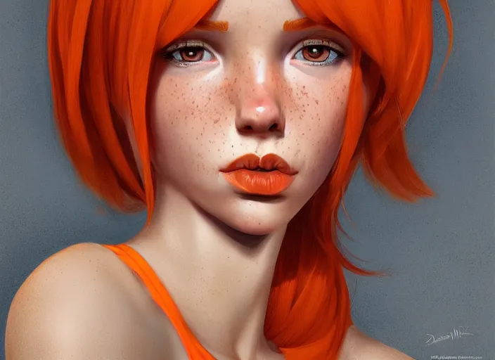 Image similar to portrait Girl with orange hair and freckles, cute-fine-face, pretty face, realistic shaded Perfect face, fine details. realistic shaded lighting by Daniela Uhlig