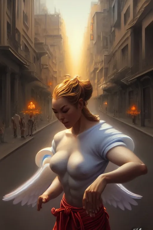 Image similar to angel doing tai - ji in street, angel is wearing t - shirt, hyper realistic, intricate, elegant, highly detailed, digital painting, artstation, concept art, matte, sharp focus art by boris vallejo and greg rutkowski, smooth, sharp focus, illustration