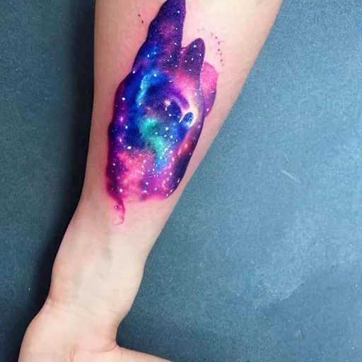 Prompt: A galaxy wolf shaped nebula watercolor tattoo, advanced,