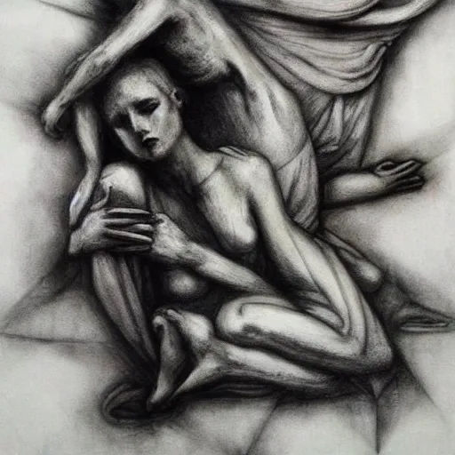 Image similar to we had been forgotten by living deities, and when it's over, we'll fall to pieces, imaginative, art, charcoal no words, no letters