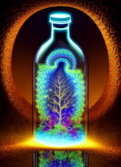 Prompt: magical staircase inside a glass bottle, stunning, beautiful, breathtaking, reflections, bio - luminescence, fantasy, hyper - realistic, unreal engine, pattern, fractal, highly detailed, deep focus, elegant, digital painting, smooth, sharp focus, illustration, ultra realistic, 8 k,