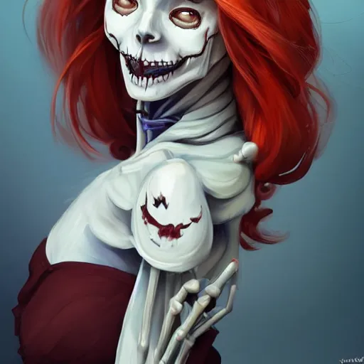 Prompt: cute & beautiful smug smiling undead skeleton girl with very attractive face and red hair dressed as a scientist, elegant, digital art, fullbody painting, fantasy, pixar style, painting, pin up, highly detailed, artstation, art by artgerm, vrubel, greg rutkowski, ilya kuvshinov, raymond swanland