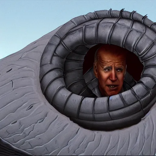 Image similar to joe biden's face a dune sandworm body shai-hulud , artstation, sandworm, shai-hulud