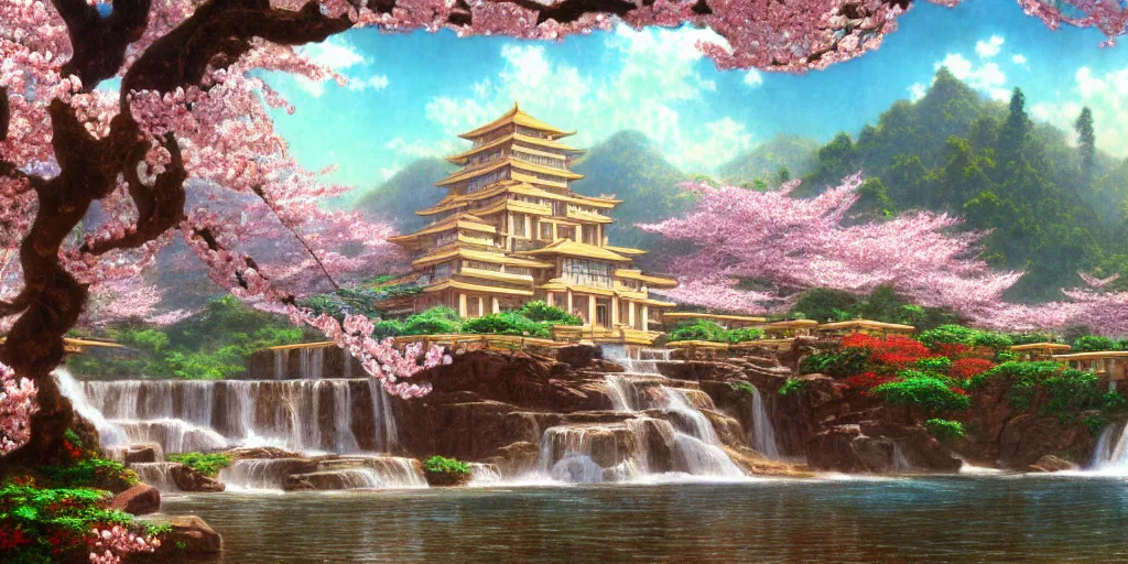 Prompt: a beautiful rendering of an art deco Shangri-la brownstone temple on a platform that extends over a great waterfall, Sakura cherry blossoms , by Albert bierstadt and jonas de ro and studio ghibli, trending on artstation-H 576