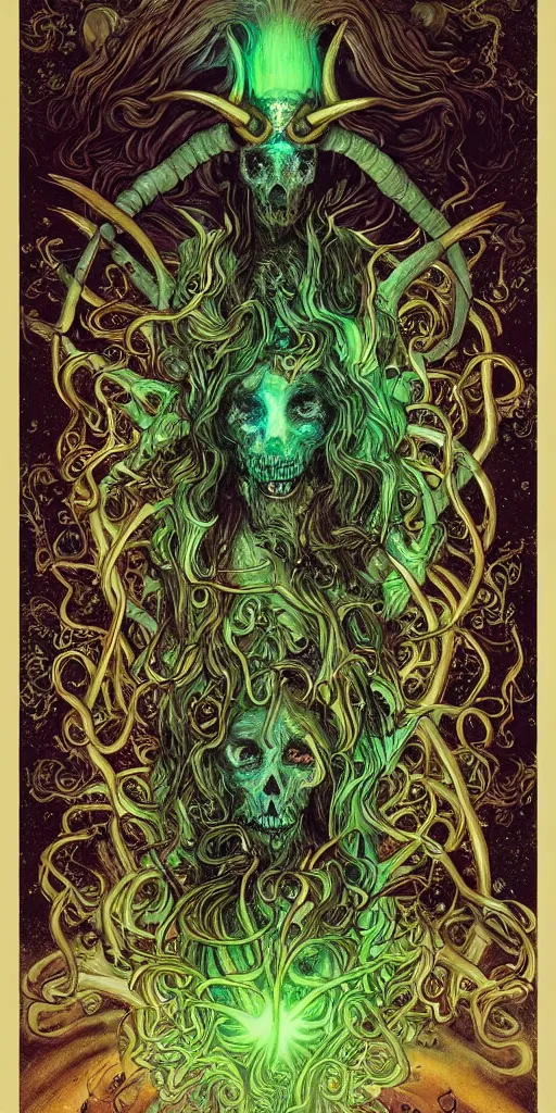 Prompt: intense glowing angry pagan fungus god with horns and tentacles and intense glowing eyes and a mossy skull in very dark cosmic space by karol bak and artgerm and alphonse mucha, portrait, fantasy, clear, light beams, lens flare, intense, uhd, amazing depth, cinematic lighting, deep green and teal and brown and shining gold