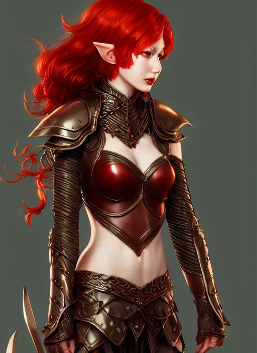 Image similar to leather armor!!! beautiful and elegant curly red hair female elf!! gorgeous ayes!! character concept art, sharp focus, octane render! unreal engine 5! highly rendered!! trending on artstation!! detailed linework!! illustration by artgerm, wlop, and chie yoshii