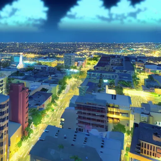 Image similar to modern anime still of an overview from the air of a small coastal Florida town at night, downtown in the distance, key anime visuals