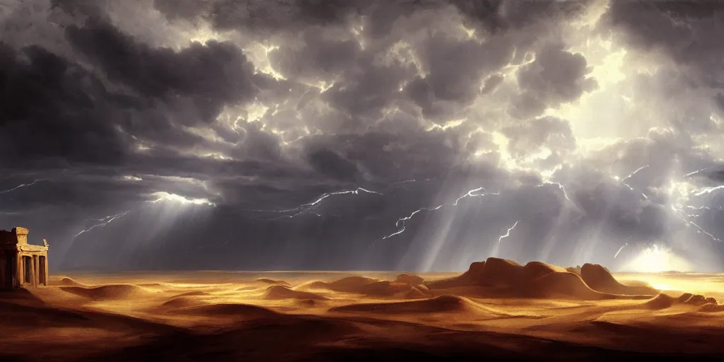 Image similar to a wide desertic matte painting landscape with ancient temple buried in the sun. big sand dunes. dramatic sky with storm clouds and sunrays by goya. eerie lighting. photorealistic. artstation. hd.