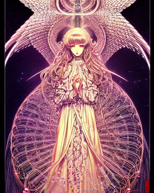 Image similar to hyper detailed illustration of an angel made of light, very holy, intricate linework, lighting poster by moebius, ayami kojima, 90's anime, retro fantasy