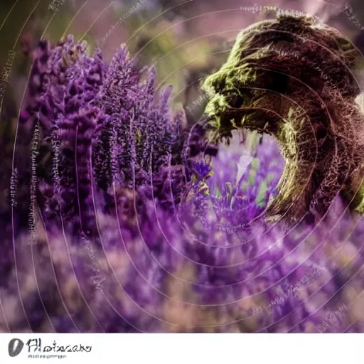 Prompt: tree monster in a beautiful meadow as the eye fairy princess in saturation color scheme, grey, lavender, burnt the new world tintype macro macro earth