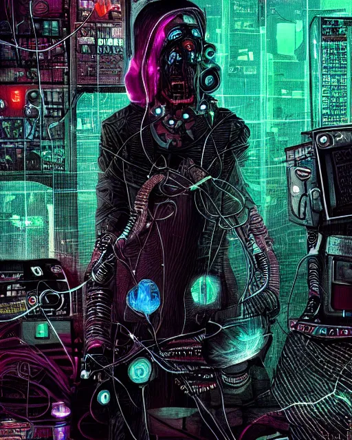 Image similar to eldritch cultist intertwined with technology, paranoia, wires, occult symbols, cyberpunk psychedelia, dark oil vibes, digital art, very detailed, colored, blotch watercolors, clean lines, artstation