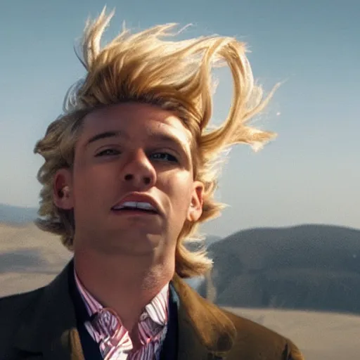 Image similar to blond doctor jumping out of a helicopter, his hair waving in the wind