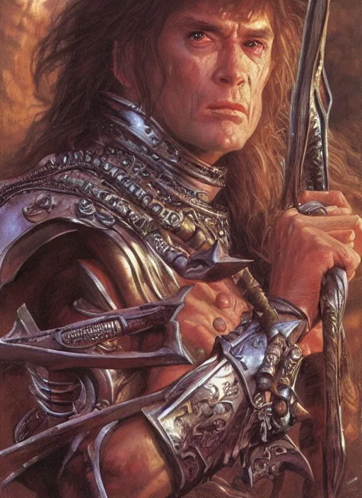 Image similar to a hyperrealistic and detailed paintbrush portrait of a male fantasy character, art by donato giancola and bayard wu and gustav moreau and wayne barlowe, rpg portrait, conan, krull, 8 0's fantasy movies, dungeons & dragons, d & d, artstation
