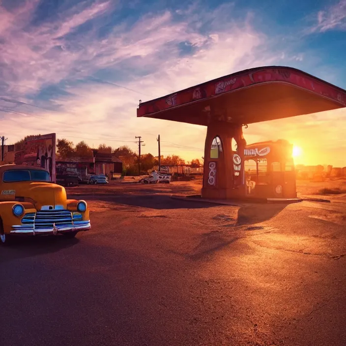 Image similar to a sunset light landscape with historical route 6 6, lots of sparkling details and sun ray ’ s, blinding backlight, smoke, volumetric lighting, colorful, octane, 3 5 mm, abandoned gas station, old rusty pickup - truck, beautiful epic colored reflections, very colorful heavenly, softlight