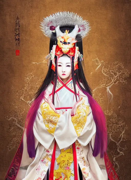 Prompt: full body portrait of a female kitsune peking opera actress by wlop, wuxia, xianxia, kitsune, fox person, actress, assassin, peking opera, lithe, beautiful, detailed, realistic, anatomically accurate, fantasy illustration, artstation, wlop, 4 k.