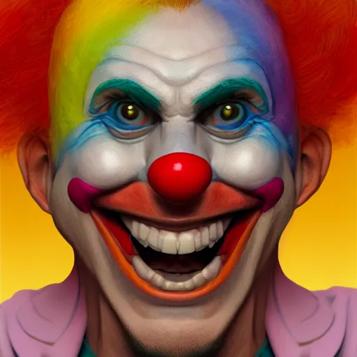 Image similar to Portrait of a colorful happy joyful funny smiling clown, artstation, cgsociety, masterpiece