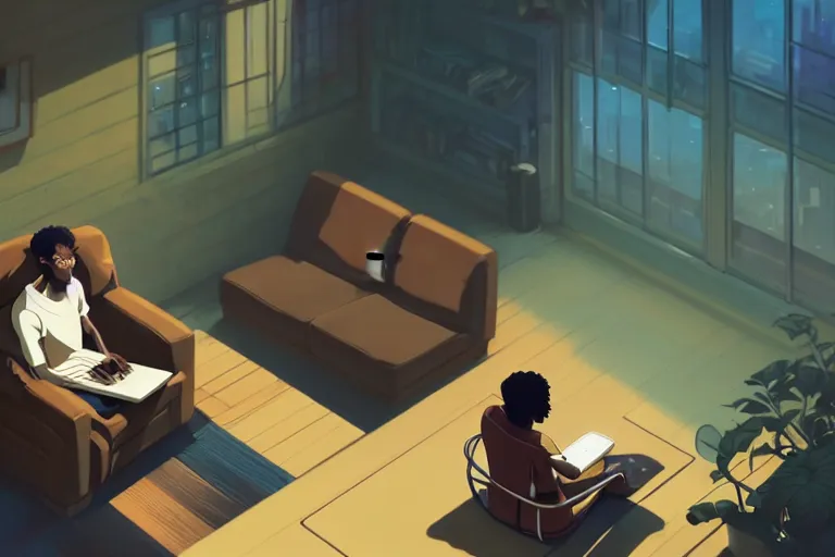 Image similar to a young black man sitting on a sofa working on a laptop, wide angle shot from above, golden curve composition, animation portrait concept art, style of makoto shinkai, xision, james jean and peter mohrbacher, studio ghibli, artgerm, karol bak, dan mumford, 4 k hd, animation style