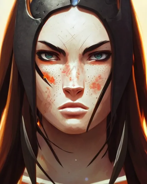 Image similar to azctec warrior, megan fox, detailed perfect face, exquisite details, fire magic, mid view, design on a white background, by studio muti, greg rutkowski makoto shinkai takashi takeuchi studio ghibli