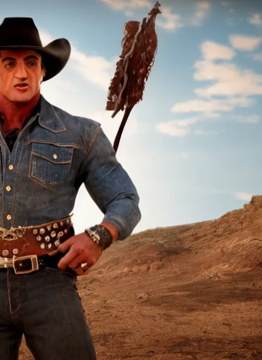 Image similar to an film still of sylvester stallone as cowboy, western background, unreal engine. amazing likeness. very detailed.