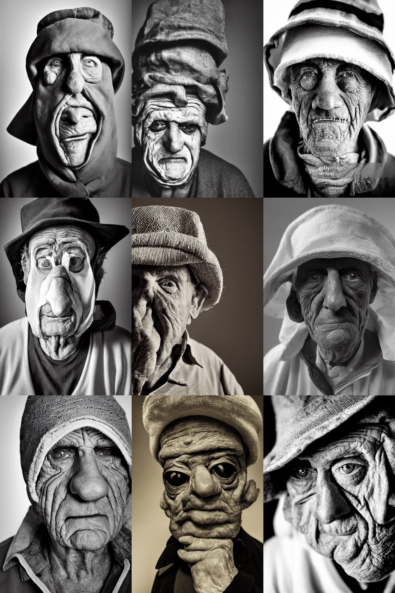 Prompt: high contrast studio close - up portrait of a wrinkled old man wearing a pulcinella mask, clear eyes looking into camera, baggy clothing and hat, backlit, dark mood, nikon, photo by letizia battaglia, masterpiece
