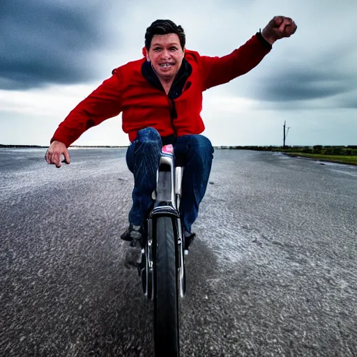 Prompt: 4 k hdr full body wide angle sony portrait of ron desantis riding on top of a flying nuclear missile with moody stormy overcast lighting