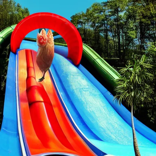 Prompt: photo of an enormous raw chicken emerging from the bottom of a waterslide at a water park on a sunny day in the style of a coca cola ad