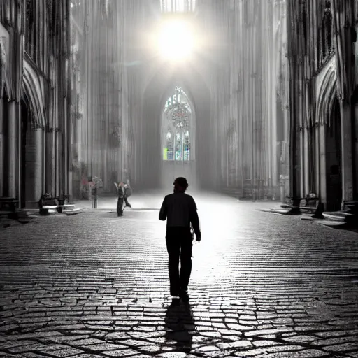 Image similar to super mario walking next to the cathedral of cologne, germany, volumetric lighting, sharp focus, ultra detailed, cgsociety - w 1 0 2 4 - n 8 - i