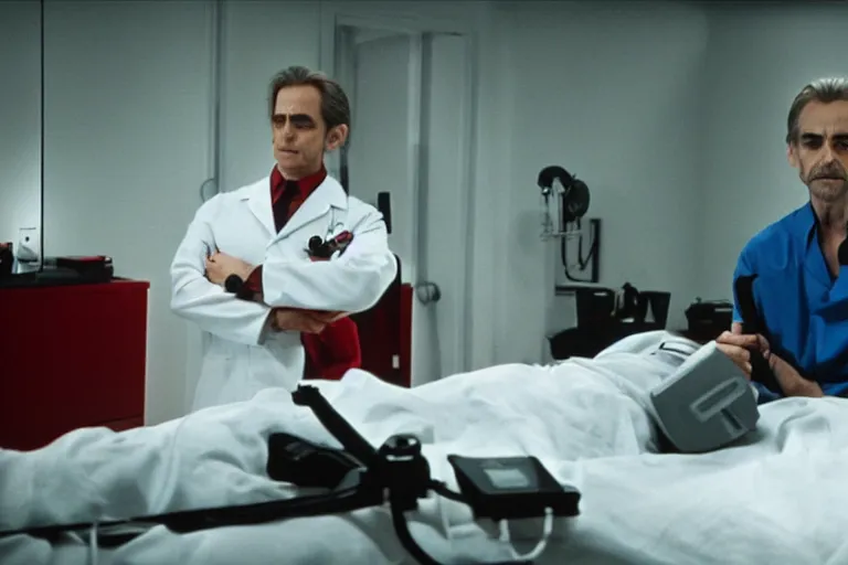 Prompt: a scene from the movie dead ringers with jeremy irons, cinematic lighting, black and red contrast, medical equipment