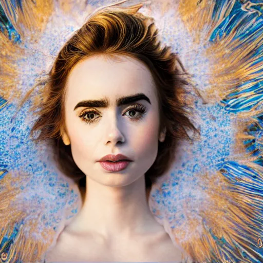 Image similar to portrait of a beautiful blonde girl lily collins, floating under the deep dream water, beautiful smooth soft light + white petal, by personal photography, art by brookskim, closeup, 4 k, highly detailed, instagram,