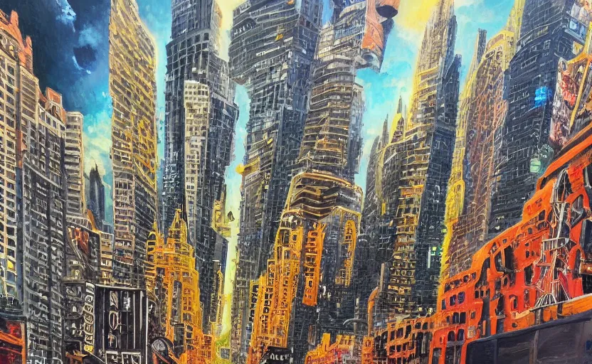 Prompt: an oil painting of an alien spaceship in the middle of new york; hyper-detailed; an extraordinary masterpiece!!!