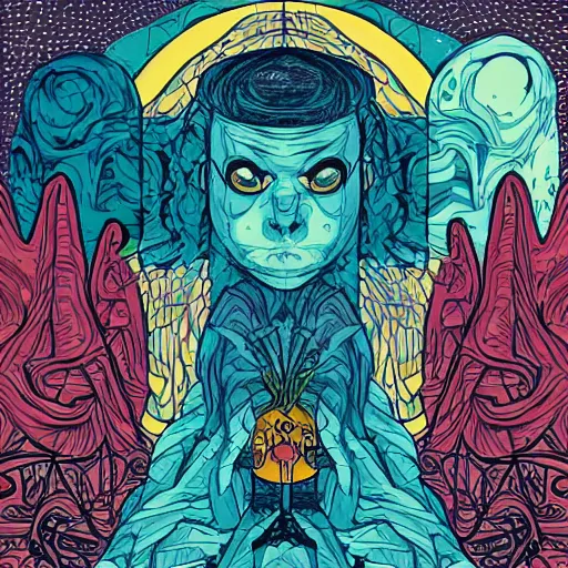 Image similar to a monsterous chtulu is connected via organic bands with a man in a long cloak, symmetrical, cinematic, dot gradient, acryl on canvas, vector + james jean