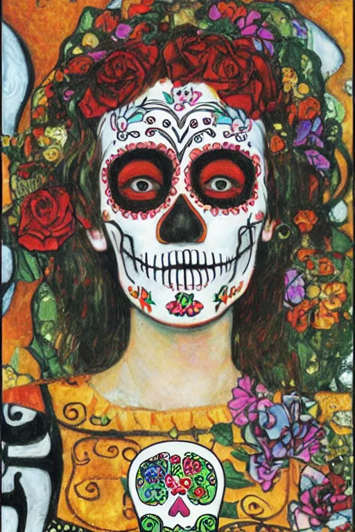 Prompt: illustration of a sugar skull day of the dead girl, art by gustav klimt