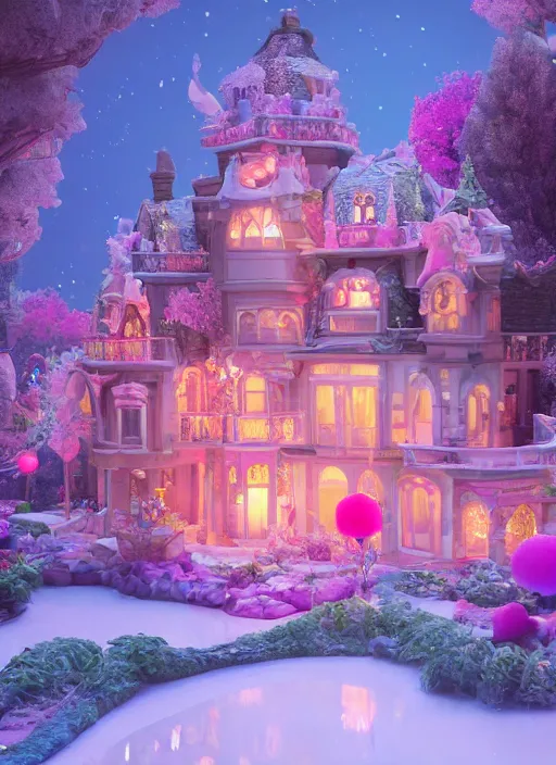 Image similar to Magical enchanted house on a candy biome full of candys, cotton candy trees, cinematic shot, intricate, ornate, photorealistic, ultra detailed, realistic, 100mm, photography, octane, high definition, depth of field, bokeh, 8k, artstation