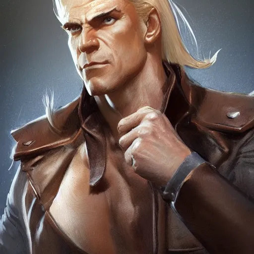 Image similar to portrait of a muscular, grim, ponytail haired blonde man in his late 30's, wearing a thick brown leather coat, looking to his side, hunter, DnD character, fantasy character, digital art by Ruan Jia, Krenz Cushart, Rossdraws and Boris Vallejo