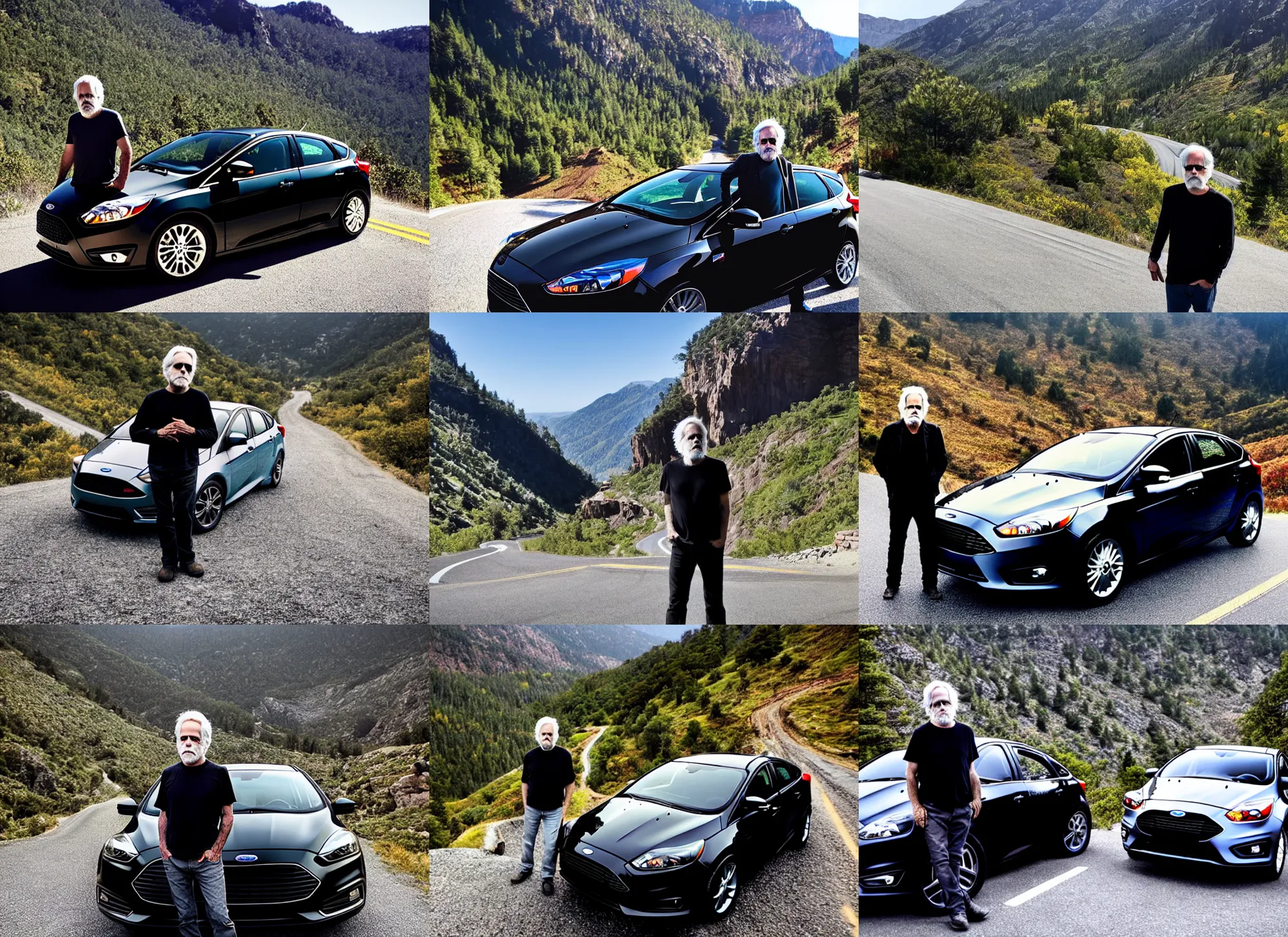 Prompt: bob weir standing in front of a black 2 0 1 6 ford focus hatchback on a winding mountain road