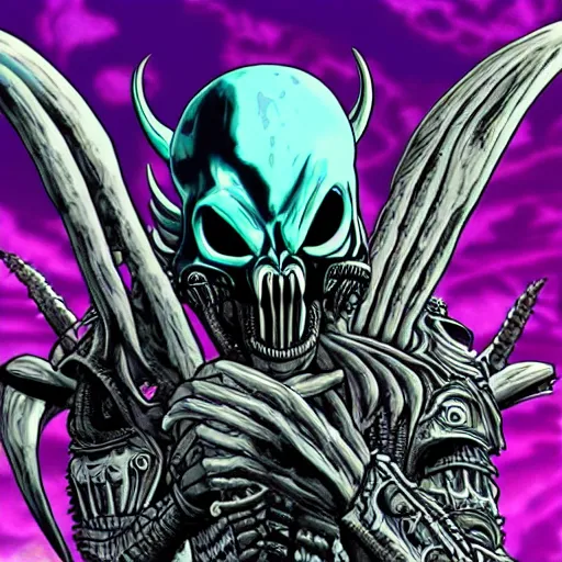 Image similar to lich king as a xenomorph, vaporwave, intricate detail, the gorillaz album art